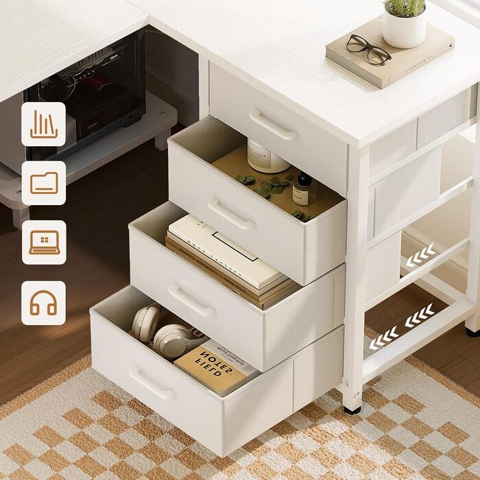 Кутовий письмовий стіл ODK з 4 шухлядами, 135100 см L-подібний стіл з розеткою та портом зарядки USB, двосторонній стіл з місцем для зберігання для домашнього офісу, білий колір 135 100 см