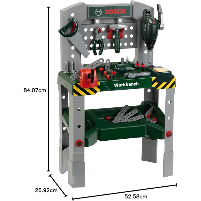 Верстак Theo Klein 8637 Bosch 48 предметівНожки, що регулюються по висоті,Робоча поверхня з багатьма функціямиВкл. молоток, пилку, гайковий ключРозміри 52,5 см х 27 см х 84 смОдна іграшка для дітей віком від 3 років і старше