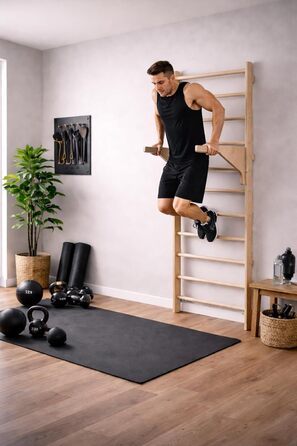 Шведська стінка з турніком для дорослих (230 см), дерев&39яна стінка для скелелазіння, багатофункціональне фітнес-обладнання, драбина для скелелазіння для дорослих та дітей, 100 ЕКО, зроблено в ЄС з кільцями для гімнастики DIP