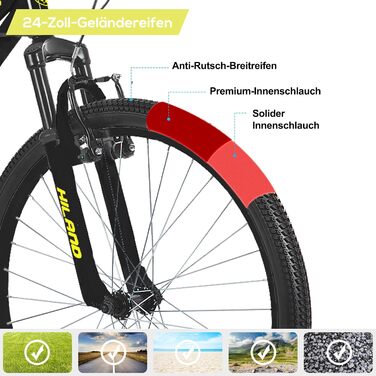 Дитячий велосипед Hiland Climber 24 дюйми, 7-швидкісний дитячий гірський велосипед, молодіжний MTB з амортизаційною вилкою, V-brakes, гірський велосипед для хлопчиків та дівчаток, чорний/синій/м&39ятно-зелений/рожевий