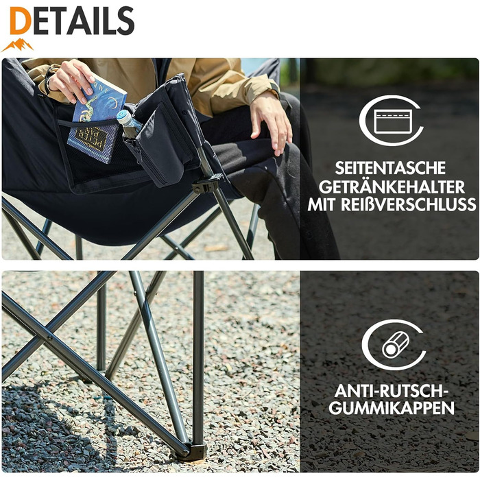 Крісло для кемпінгу Portal, складне, суперм&39яке, вантажопідйомність 150 кг, складне рибальське крісло XXL, товсто оббите з підлокітниками, м&39яке вуличне крісло, чорне