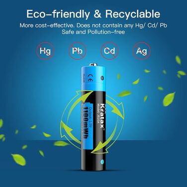 Акумуляторні літієві батарейки Kratax AAA 1100 мВтгод, 1,5 В батарейка AAA 4 батарейки та 1 зарядний пристрій, швидка зарядка, 1200 циклів зарядки та розрядки, 4 батарейки AAA 1 зарядний пристрій