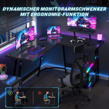 Ігровий стіл L-подібний 150x130 см, Кутовий стіл для ігор, L-подібний стіл з підставкою для монітора, Карбоново-чорний 150 x 130 см Чорний