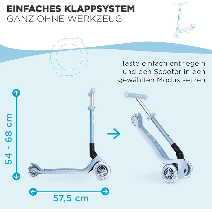 Складаний самокат GLOBBER JUNIOR Foldable Lights ECO Tretroller, 120/80 мм, ABEC 9, 3 колеса, LED-підсвітка, колір Blueberry