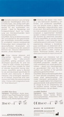 Змазка JOYDIVISION easyANAL 3080 мл НАБІР Змазка тривалої дії для нього та неї Змазка, що підходить для латексних презервативів Рідина з оптимізованим pH гель 80 мл спрей 30 мл
