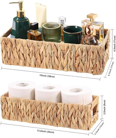Плетені кошики для зберігання з ручками, комплект кошиків для ванної кімнати з 2 предметів з ротанга, плетені кошики з полицями ручної роботи, кошик для зберігання рушників та туалетного паперу, водяний гіацинт