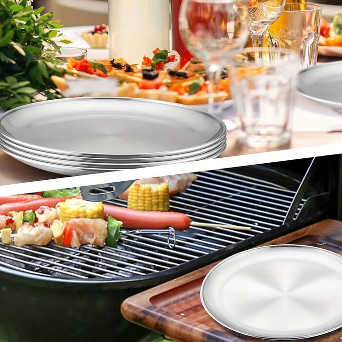 Набір з 4 круглих тарілок з нержавіючої сталі, діаметр 20 см для кемпінгу, пікніків, походів, кухні та вечірок