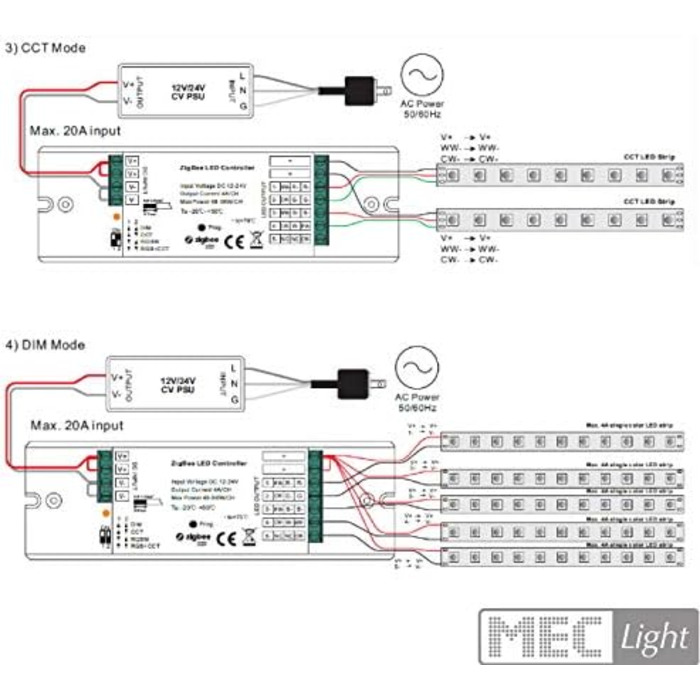 Домашній контролер 12-24В/DC 5 шт. 4A для світлодіодів CCT, RGBW & RGBCCT, 4in1 ZigBee 3.0 SmartHome Controller