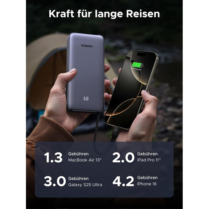 Зовнішній акумулятор UGREEN Power Bank, швидка зарядка 20000 мАг 45 Вт з вбудованим кабелем USB-C та двонаправленою зарядкою 45 Вт, сумісний з Galaxy S25 Ultra/S25, iPhone 17/16 серії, iPad, ноутбуком та іншими пристроями