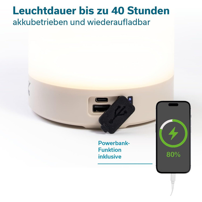 Ліхтар для кемпінгу Skandika Nordsol Акумуляторний світлодіодний ліхтар, теплий білий, зовнішній акумулятор, від 80 до 130 люмен, із зарядним кабелем USB Type-C, 2 x 1800 мАг, з регульованою яскравістю, підвісний Ліхтар для кемпінгу, активного відпочинку 