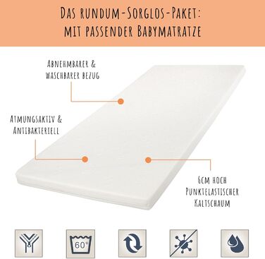 Дитяче ліжко/ліжечко Kids Collective 70x140 см з матрацом та шухлядою, трансформоване ліжечко, регульована висота Біле дитяче ліжко, зроблено в Європі, 70x140 см Від народження до 6 років, 70 x 140 см з шухлядою матрац, біле