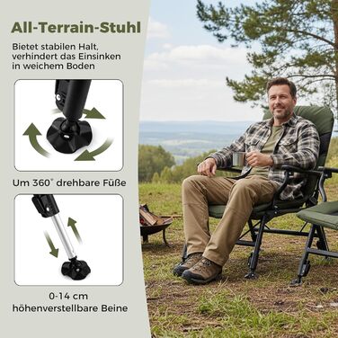 Складане рибальське крісло COSTWAY, регульоване по висоті кемпінгове крісло з регульованою спинкою, крісло для лову коропа з підлокітниками та великими ніжками, портативне рибальське крісло для кемпінгу, риболовля в наметі