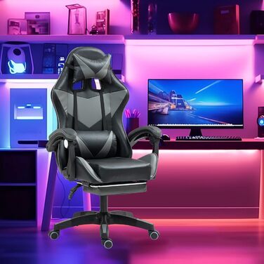 Ігрове крісло з підставкою для ніг, ігрове крісло для дорослих, комп&39ютерне крісло з поперековою опорою, підголівником, офісне крісло з регульованою висотою, чорнийсірий з підставкою для ніг чорнийсірий