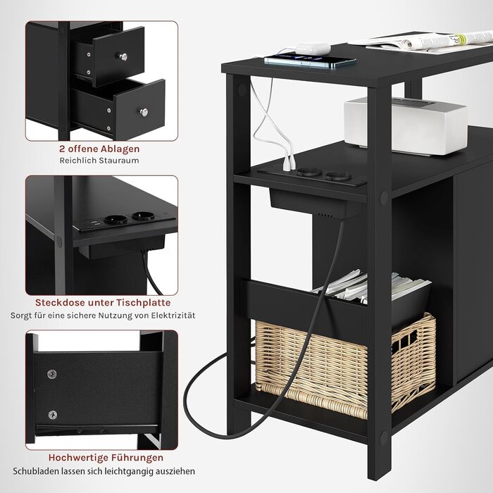 Журнальний столик WOLTU з розеткою, тумбочка з функцією заряджання, вузький диван-столик, з 2 шухлядами, 2 полицями, 1 відділенням, для вітальні/спальні, 60x60x30 см, чорний, BTS28sz