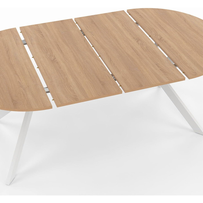 Розкладний круглий обідній стіл ALIX 4-10 персон на ніжках-павуках, дерево та білий колір, 110-200 см