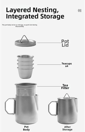 Чайний сервіз з нержавіючої сталі 304 для подорожей та кемпінгу на 4 особи, з фільтром та герметичним носиком, включає чайник та 4 чашки