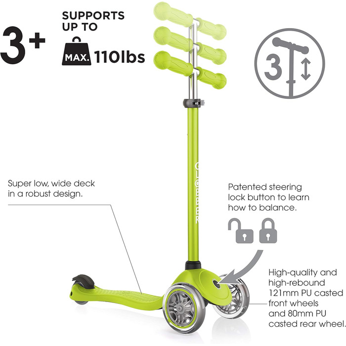 Самокат дитячий, 120/80 мм, ABEC 5, 3 колеса, регульований по висоті, один розмір зелений