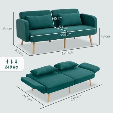 Диван-ліжко HOMCOM, 3-місний диван з функцією ліжка, 2 подушки, м&39який диван з регульованим підлокітником, лляний вигляд, для вітальні, спальні, 170 x 83 x 80 см, зелений