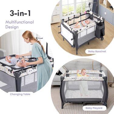 Складане дитяче ліжечко-манеж LIFEZEAL, тканина Оксфорд та ПП, багатофункціональне дитяче ліжечко з пеленальний столик для малюків 0-36 місяців, вантажопідйомність 15 кг (сірийбілий)