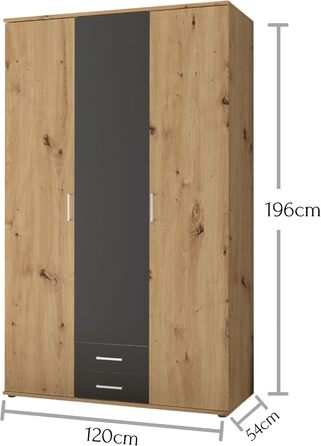 Шафа MARBURG кольору Імітація дуба ремісника, колір Графіт - Універсальна 3-дверна шафа для вашої спальні - 120 x 196 x 54 см (Ш/В/Г) 3-дверна, колір Дуб ремісника / колір Графіт