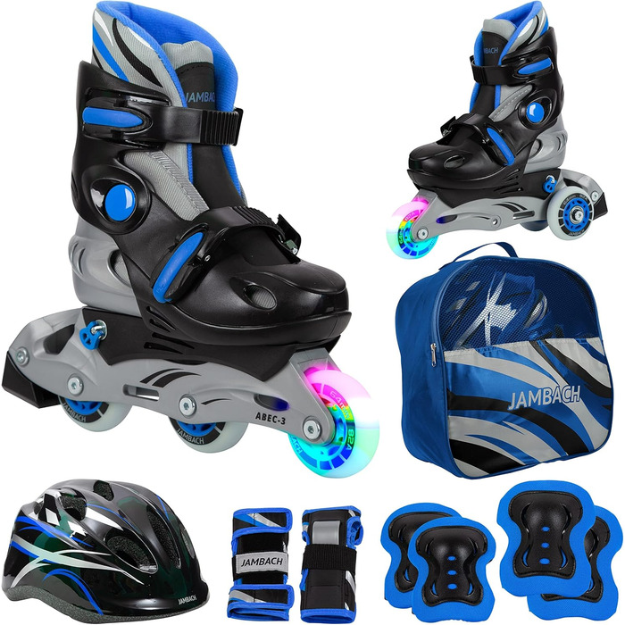 Дитячі роликові ковзани JAMBACH з комплектом захисту, регульованим до роликових ковзанів зі світлодіодами XS (26-29) сині
