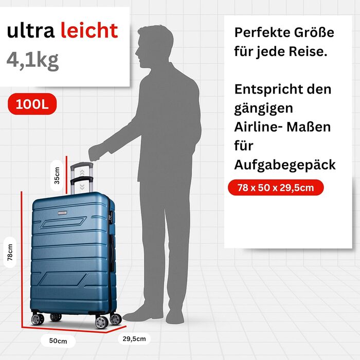 Валіза NOWI Hard Shell XL Large - Об&39єм 100 л - Обхват 158 см - 8 коліс, що обертаються на 360 - Легка валіза з кодовим замком та телескопічною ручкою - Дорожня валіза з колесами, візок (Бірюзовий, XL) XL Turquoise