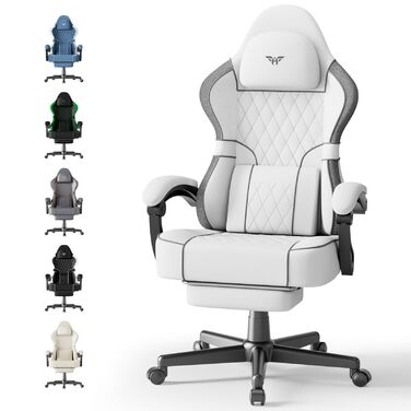 Ігрове крісло Ferghana, ергономічне ігрове крісло, ігрове крісло з регульованим підголівником та поперековою подушкою, підлокітниками, підставкою для ніг, гоночне ігрове крісло для ПК для офісу (біле, бавовна-льон) Біла бавовна