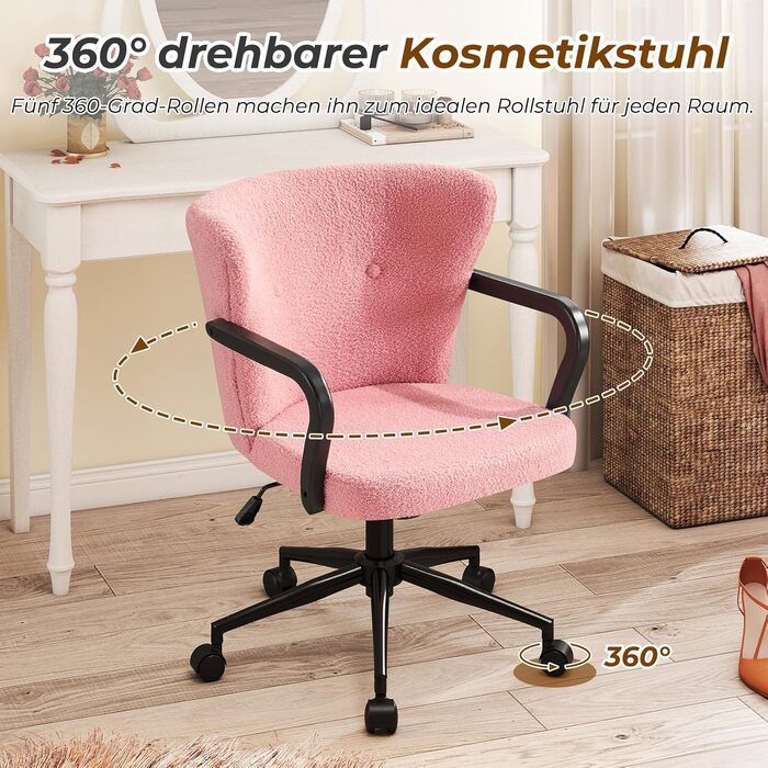 Крісло для офісу з регульованою висотою, ергономічне офісне крісло з високою спинкою та підлокітниками, обертове крісло з крилами спинки, крісло для туалетного столика, крісло для туалетного столика з колесами, рожева тканина шерпа