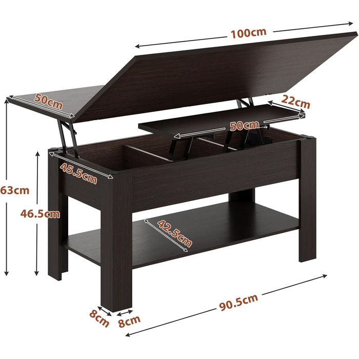 Журнальний столик з регульованою висотою, багатофункціональний стіл для вітальні 3-в-1, журнальний столик, приховане місце для зберігання, відкрите відділення, можна використовувати як обідній стіл, для вітальні, офісу, чорно-коричневий