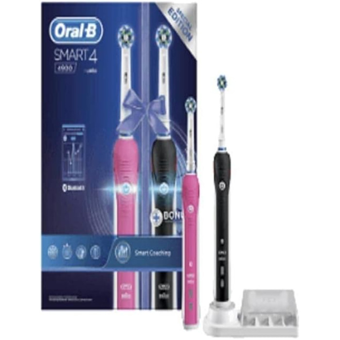 Акумуляторна електрична зубна щітка Oral-B Smart 4 4900 CrossAction від Braun, 2 гільзи підключені 1 рожева і 1 чорна, 2 щітки