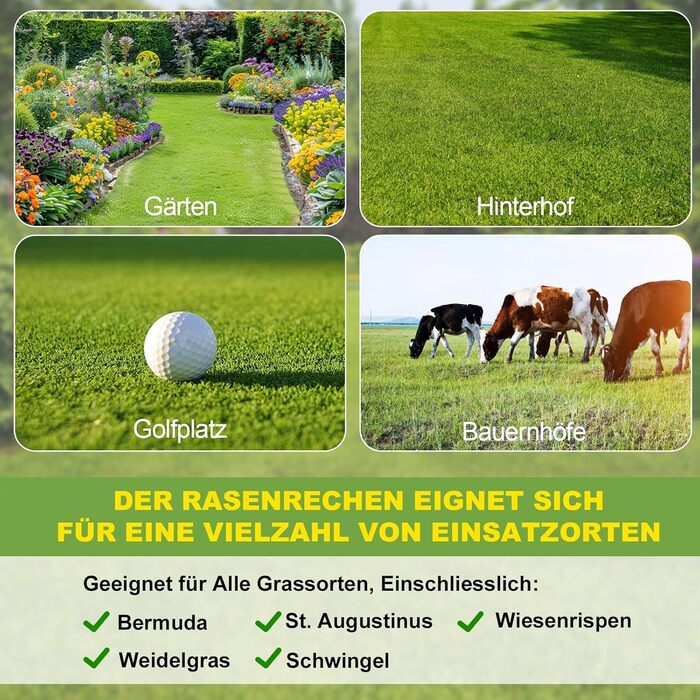 Гребінь для вирівнювання газону Rasenrechen 45x25 см з регульованою ручкою 2 м та системою обертання, зручний та економічний інструмент для вирівнювання газону на подвір'ї, в саду та на гольф-полі