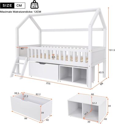Дитяче ліжко 90x200 см із захистом від падіння, дитяче ліжко-будиночок з шухлядами та відділеннями для зберігання, міцне дерев&39яне ліжко-будиночок на дереві з рейковою основою, ігрове ліжко-будиночок з соснової деревини для хлопчиків та дівчаток, біле з