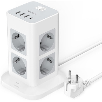 Місна розетка з USB C, захист від перенапруги з 3 USB і 1 USB C, розетка з вимикачем, подовжувач 2M для дому, 3600 Вт 2 метри, 8-