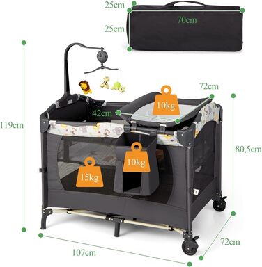 Складане дитяче ліжечко LIFEZEAL 4-в-1, приліжкове ліжечко 107 x 72 см з U-подібним тримачем для підгузків, регульоване по висоті дитяче дорожнє ліжечко, дитячий центр з музичним мобільним телефоном, дитяче дорожнє ліжечко з пеленальний килимок (сірий)