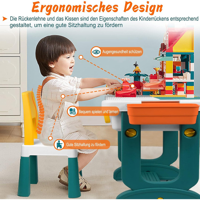 Дитячий набір столу та стільця 5-в-1 Дитячий стіл, стілець, ігровий стіл з 2 стільцями, двостороння стільниця, регульована висота, багатофункціональне місце для зберігання дітей, навчальні, ігрові, дитячі меблі, 63 x 47 x 56 см (блоки не входять до компле
