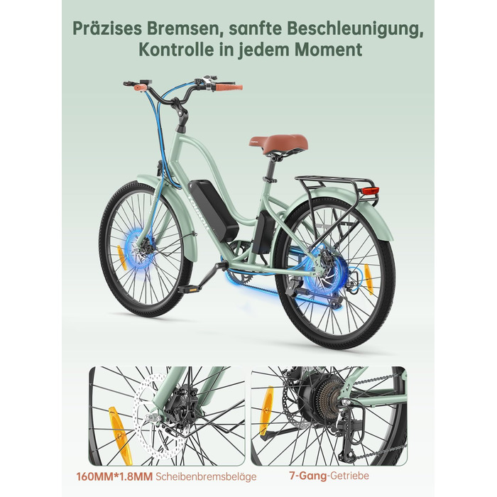Міський електровелосипед Touroll B2 26 дюймів з двигуном 250 Вт 50 Нм та знімним акумулятором 36 В 561,6 Втгод, міський велосипед з педелектом, електричний велосипед, 25 км/год, запас ходу 100 км, електровелосипеди для дорослих, чоловіків та жінок, міськи
