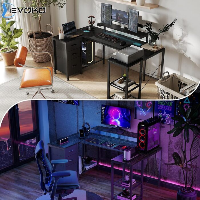 Кутовий ігровий стіл Devoko зі світлодіодним освітленням, місцем для зберігання та 3 шухлядами, 170x95x75 см, стіл з регульованою по висоті полицею, 2 розетками та 2 USB-портами, чорний