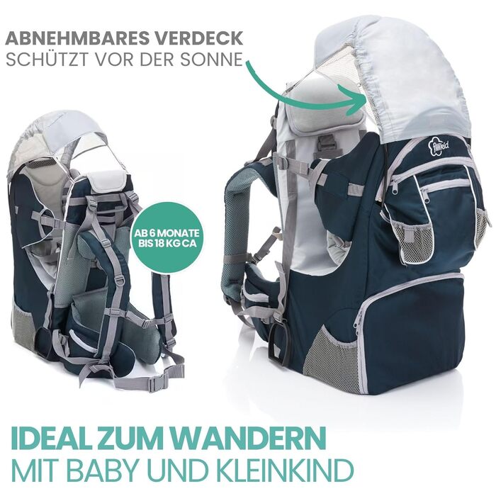 Переноска Fillikid - люлька на спині із захистом від сонця, поясом, дитячим рюкзаком і відділеннями для зберігання - рюкзак для по