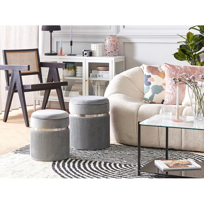 Пуф Beliani з місцем для зберігання, круглий, оксамитова тканина, світло-сірий, комплект з 2 шт., пуфики Glamour Camdenton