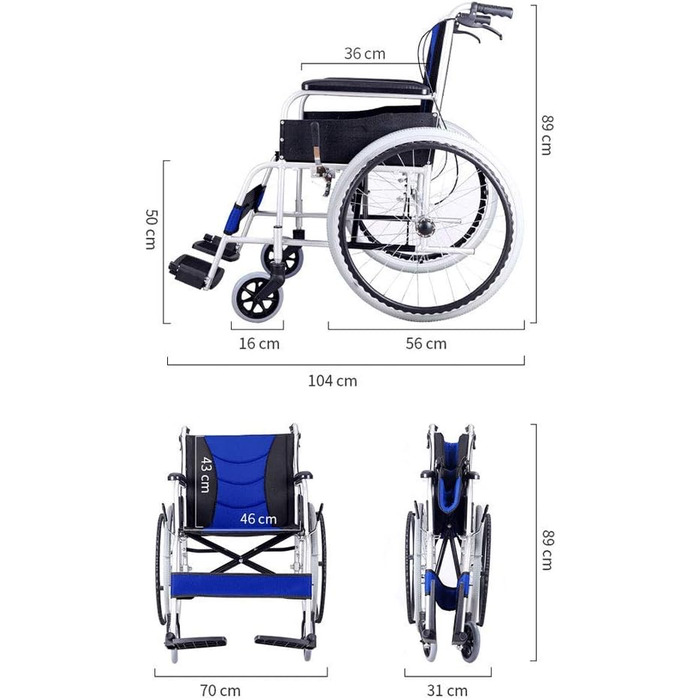 Інвалідний візок, легкий розбірний портативний самохідний інвалідний візок зі зручною подушкою сидіння та підставкою для ніг для літніх людей/інвалідів, візок з алюмінієвого сплаву, портативний синій