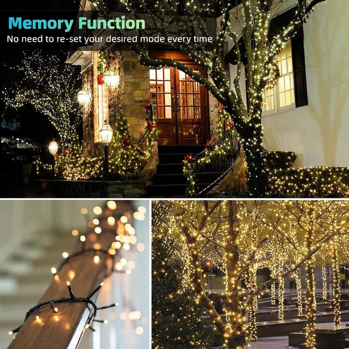 Світлодіодні різдвяні вогні, 25 м 200 світлодіодних гірлянд, теплий білий колір, водонепроникні, розширювані з 12 режимами та таймером для різдвяного декору всередині та зовні приміщень