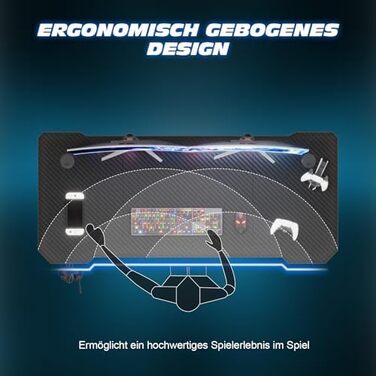 Ігровий стіл 120 x 60 см, ігровий стіл, ПК-стіл з гачком для навушників та карбоновим покриттям, ергономічний комп&39ютерний стіл, металевий каркас, карбон чорного кольору
