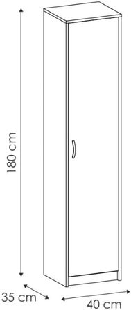 Шафа з 5 полицями - Шафа шириною 40 см, висотою 185 см, глибиною 35 см - Спальня, дитяча кімната, білизняна шафа, ванна кімната - 1 дверцята, білий