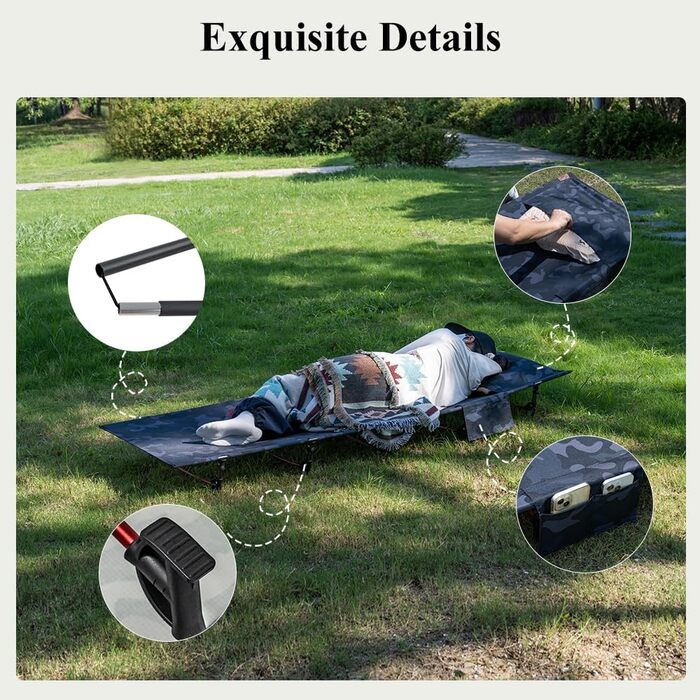 Надлегке розкладне похідне ліжко 190x70 см з алюмінію, компактне кемпінгове ліжко, легке в установці, міцне кемпінгове ліжко для наметів, походів на свіжому повітрі, подорожей, пляжу - камуфляжно-чорне