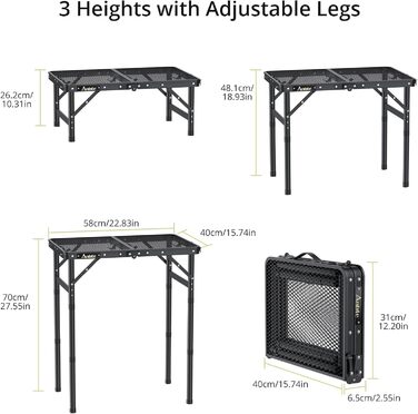 Стіл для кемпінгу Anbte, розкладний стіл з 3 регульованими висотами, стіл для гриля з алюмінію, 60*40 см, стіл-валіза з металевою сітчастою стільницею, легкий та портативний, садовий стіл, пивний стіл для пікніків на пляжі (чорний)