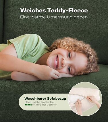 Місний диван 211 см, Зручні 3-місні дивани, Диван-канапа з флісу Тедді, Дивани для вітальні, що збираються без інструментів, 3-місний диван з масиву дерева, Невеликий диван з 2 подушками в комплекті, Зелений 211 см, 3-