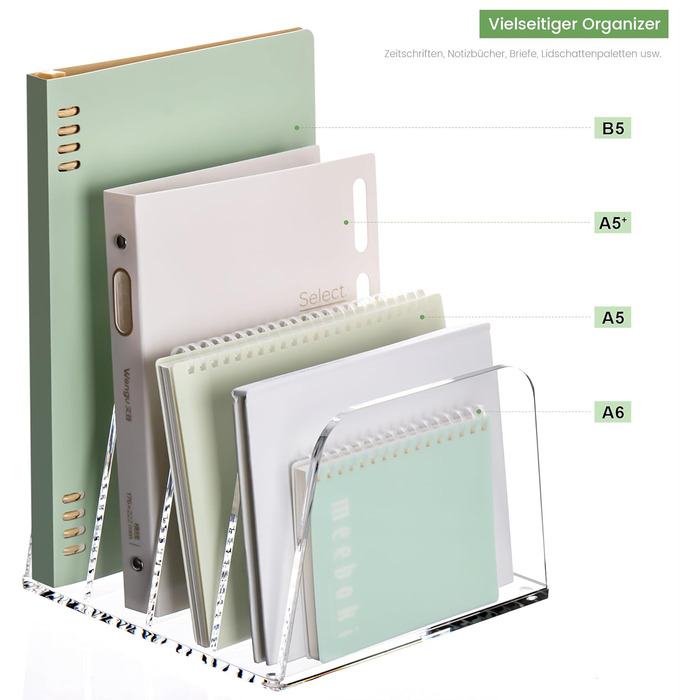 Акриловий тримач для листів та органайзер для столу SANRUI (4 відділення) - вертикальний лоток для листів для пошти, блокнотів A5 та планшетів Прозорий органайзер для тіней для повік та сортувальник (прозорий)