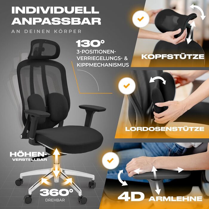 Ергономічне офісне крісло, переможець тесту, стілець для роботи регульована підтримка голови та попереку Ергономічне офісне крісло з підлокітниками Офісне крісло з колесами, зручне для спини, до 150 кг, чорний колір