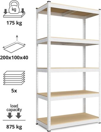 Міцний стелаж, 200x100x40 см, безболтовий стелаж з 5 полицями з МДФ, вантажопідйомність 750 кг, металевий стелаж, гаражний стелаж або стелаж для зберігання, стелаж для підвалу, вантажний стелаж, стелаж для майстерні, оцинкований 200x100x40 - полиці з МДФ 