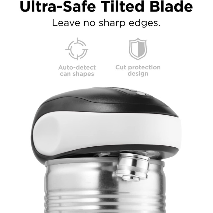 Електричний консервний нож Kitchen Mama One-to-Go - відкривається одним дотиком (автостоп), відкривач без гострих країв, з практичним знімачем кришки, працює від батарейок (білий) One-to-go - білий